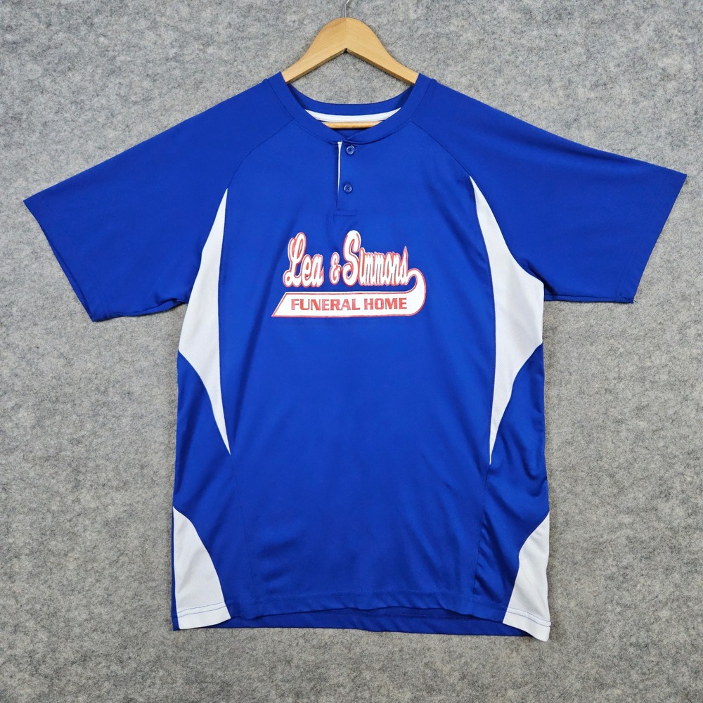 Champro Softball Jersey Lea & Simmons Funeral Home Size L Blue & White #9 Henley